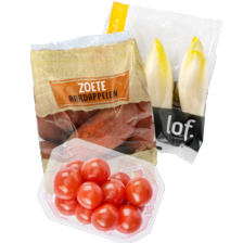 cherry tomaatjes schaal à 250 gram,
witlof zak à 500 gram
of zoete aardappel
zak à 1000 gram